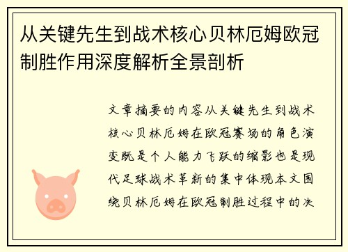 从关键先生到战术核心贝林厄姆欧冠制胜作用深度解析全景剖析 从关键先生到战术核心贝林厄姆欧冠制胜作用深度解析全景剖析