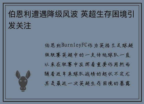 伯恩利遭遇降级风波 英超生存困境引发关注